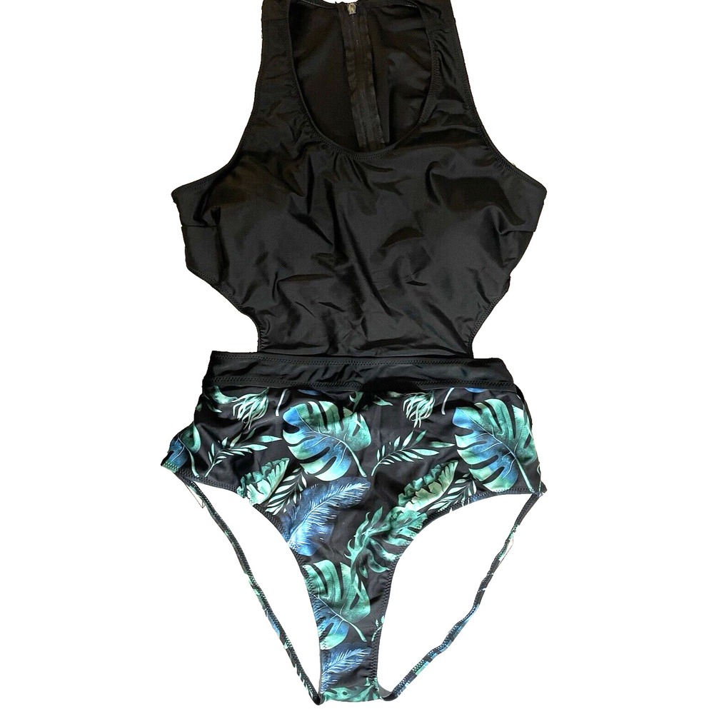 SHESHOW Womens size XXL Black Hawaiian Print Cutout 1 Piece Bathing Suit NWT‎